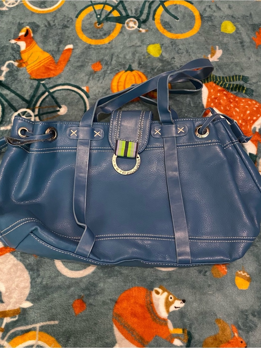 Women’s Navy Blue Leather Shoulder Bag with Stripe Accent